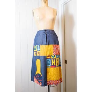 Vintage 70s Patchwork Alphabet Skirt, Colorful Chambray A-Line, Boho Artsy Small